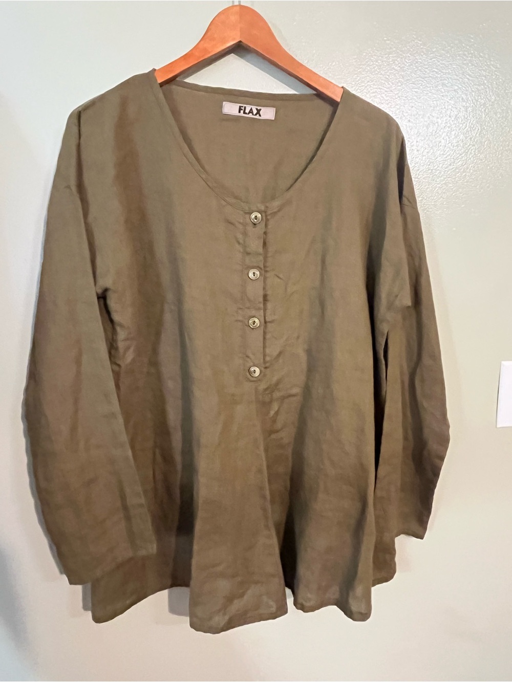 FLAX Olive Green Linen Button-Front Women's Top Lagenlook M-L